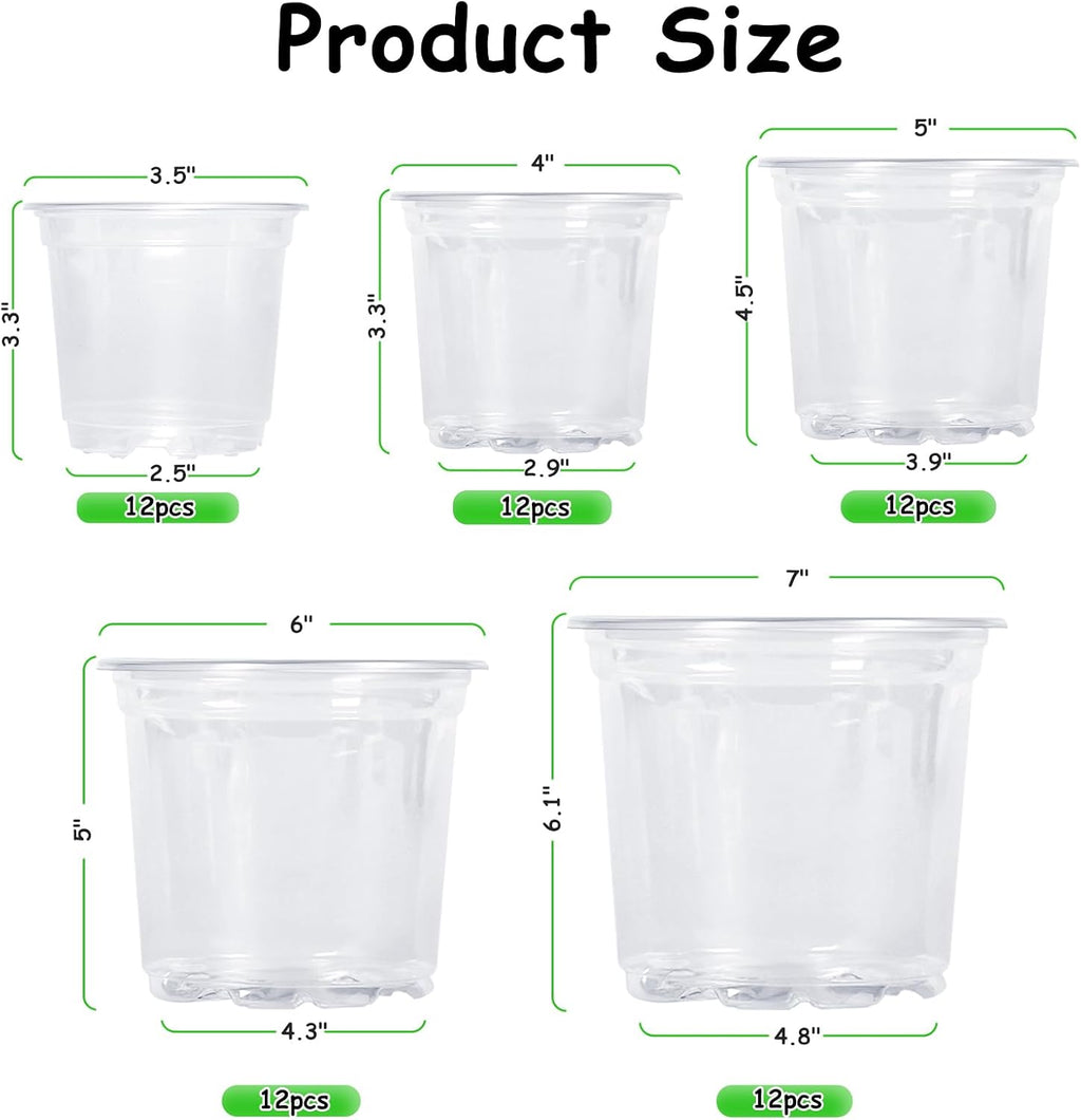 JNYONG 60 Pack 3.5/4/5/6/7 Inch Clear Nursery Pots with Drainage Hole | Variety Sizes Seed Starting Pots Transparent