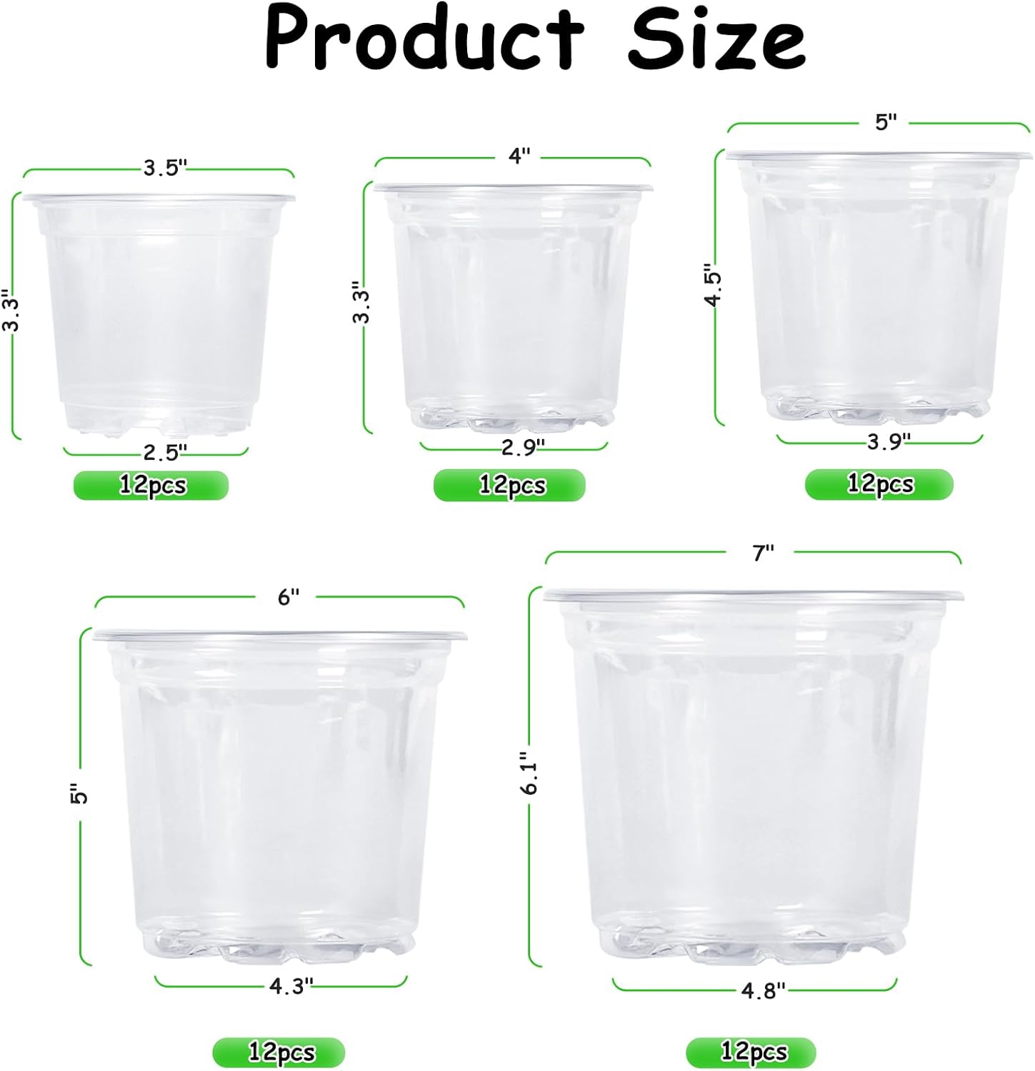 JNYONG 60 Pack 3.5/4/5/6/7 Inch Clear Nursery Pots with Drainage Hole | Variety Sizes Seed Starting Pots Transparent
