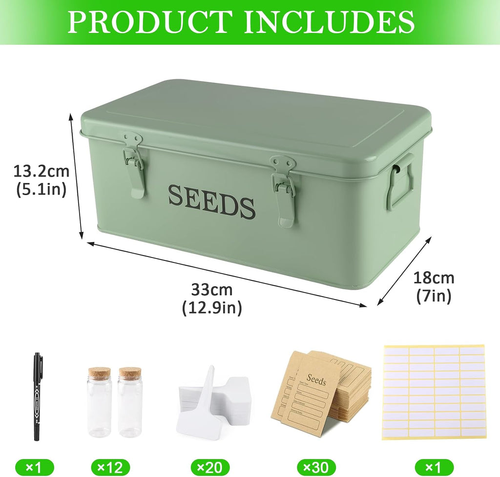 Seed Storage Organizer, 4 Compartment Metal Seed Saving Box with Lid and Safety Locks,Seeds Packet Container with 1