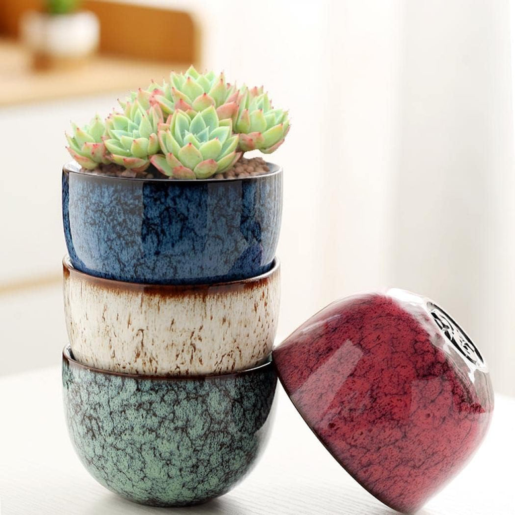 YYW 3 Inch Ceramic Plant Pot Set of 4 with Drainage and Bamboo Tray(Set 2) | Durable Ceramic Flower Pots Perfect for