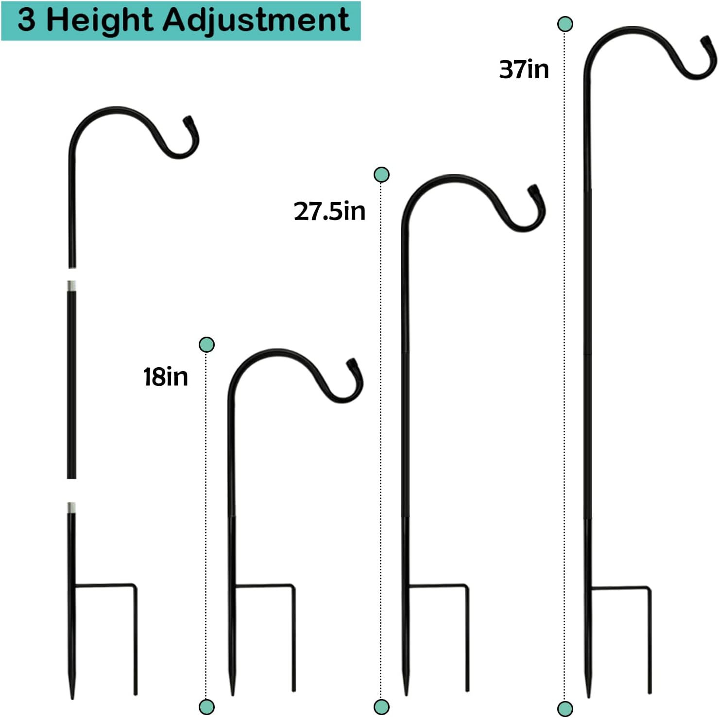 37 Inch Heavy Duty Garden Shepherds Hooks, 8 Pack Garden Hook | Height Adjustable Plant Hangers, for Bird Feeders