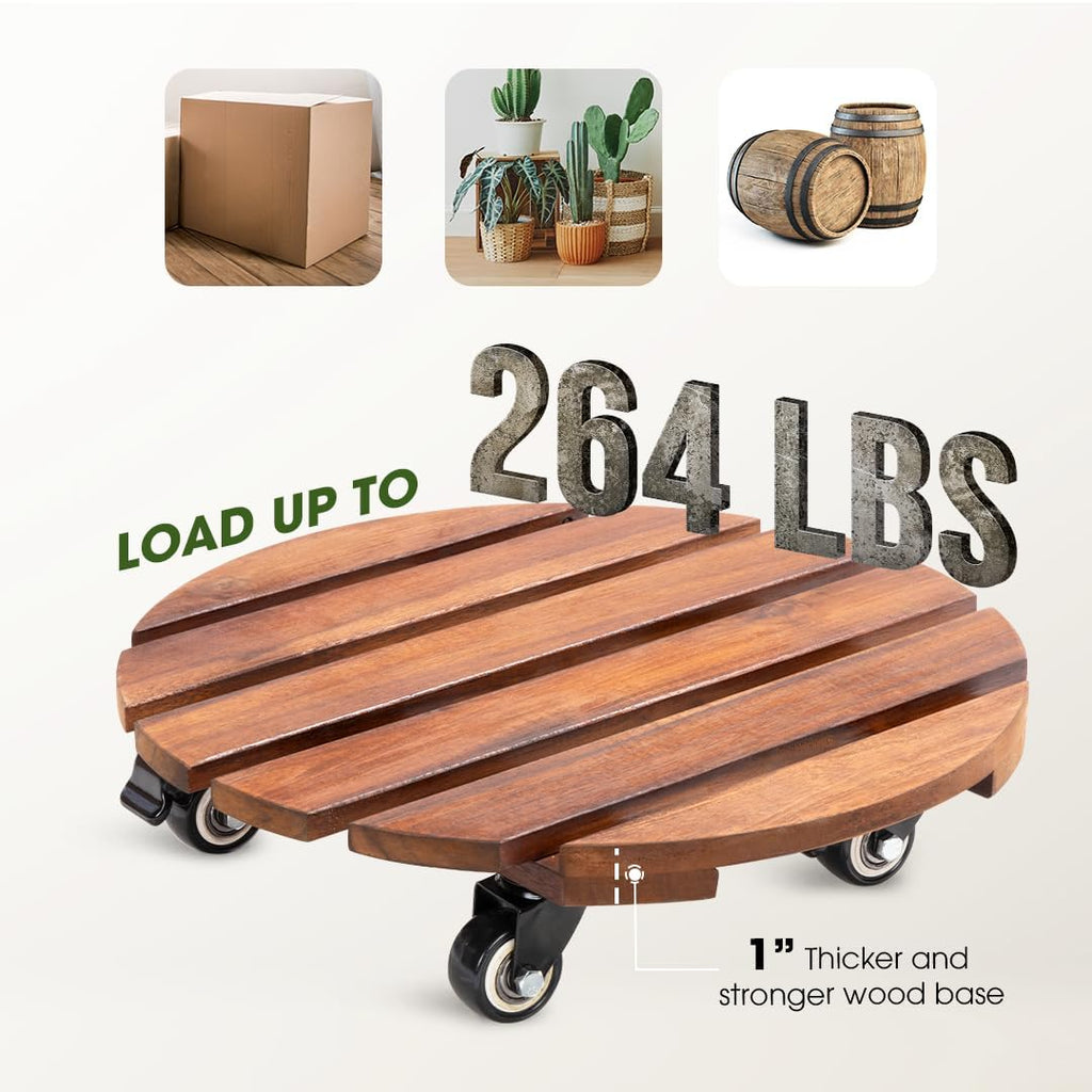 2-Pack 14 Inch Acacia Wood Plant Caddy with Wheels – Heavy-Duty Plant Dolly with 264 Lbs Capacity, 360° Lockable Wheels