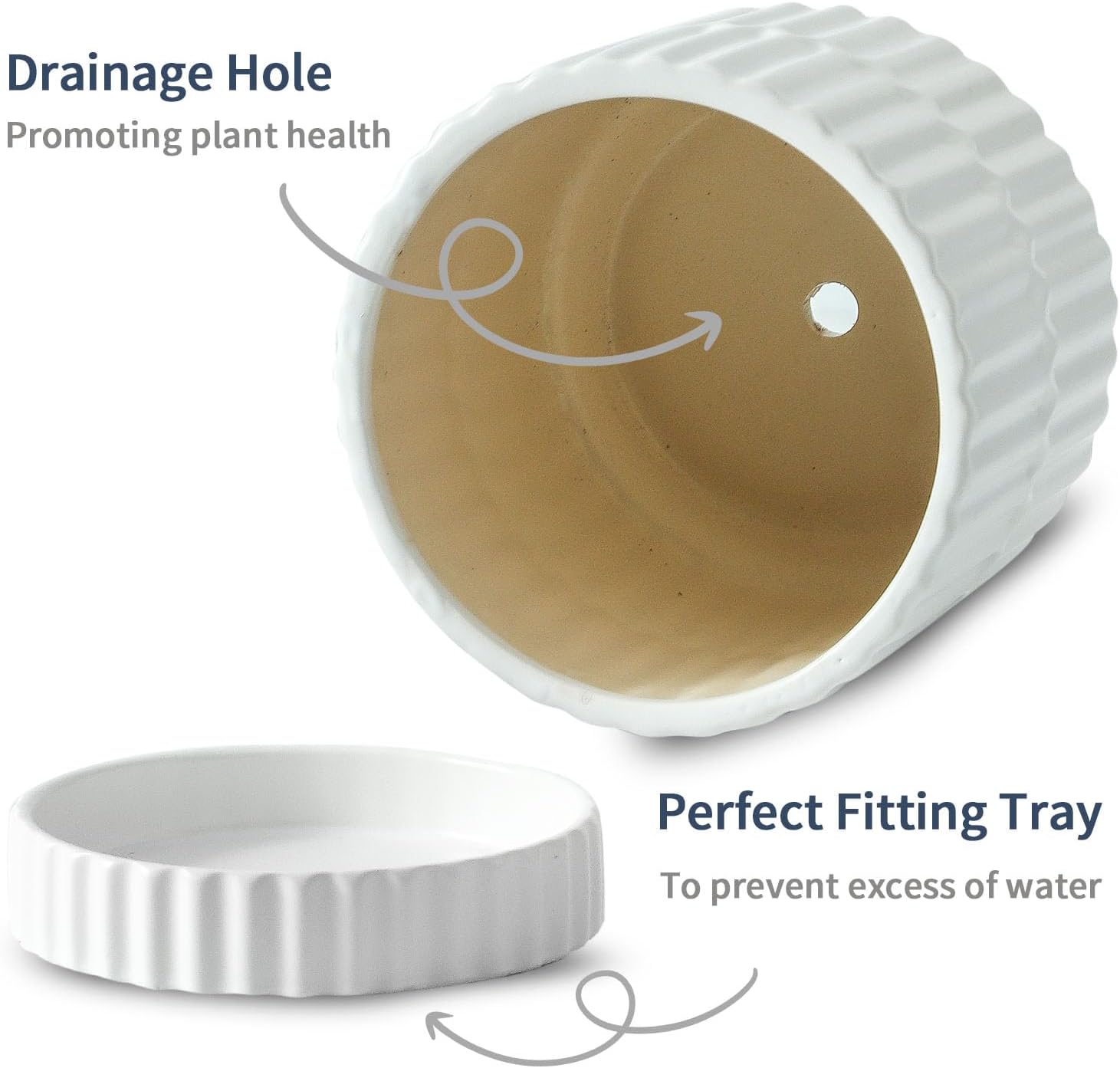 HASENSE Plant Pots - 8+6+4.6 Inch White Vertical Textured Ceramic Planters Set of 3 with Drainage Hole, Decorative
