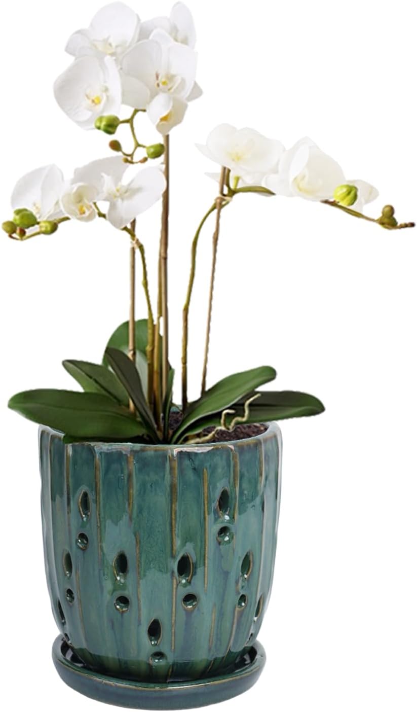 Orchid Pots with Holes 4 Inch, Ceramic Orchid Pot for Repotting with Saucers,More Ventilation Hole Easy Breathing, Plant Pot for Repotting Orchids and Other Flowers - Indoor/Outdoor