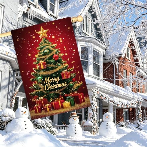Large Christmas Tree House Flags Outside 28x40 Double Sided Burlap
