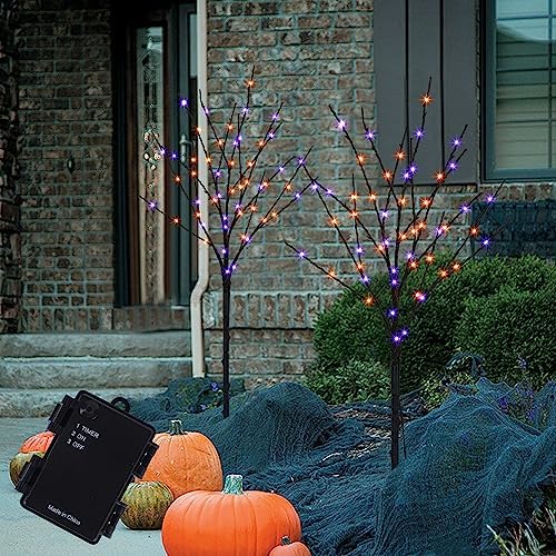 Lighted Halloween Tree Branches, 30IN 100LED Artificial Black Twig Branch with Purple&Orange Fairy Lights, Built-in Timer & Battery Operated, Waterproof for Outdoor Pathway Lawn Garden Decorations