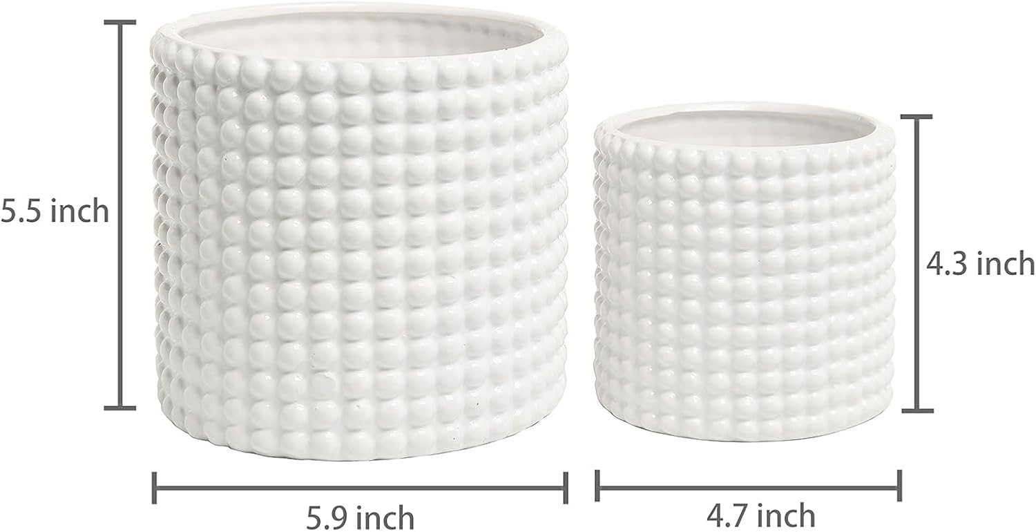 MyGift 6 Inch White Ceramic Planter Pots with Hobnail Texture, Set of 2 | Classic textured plant containers add charm