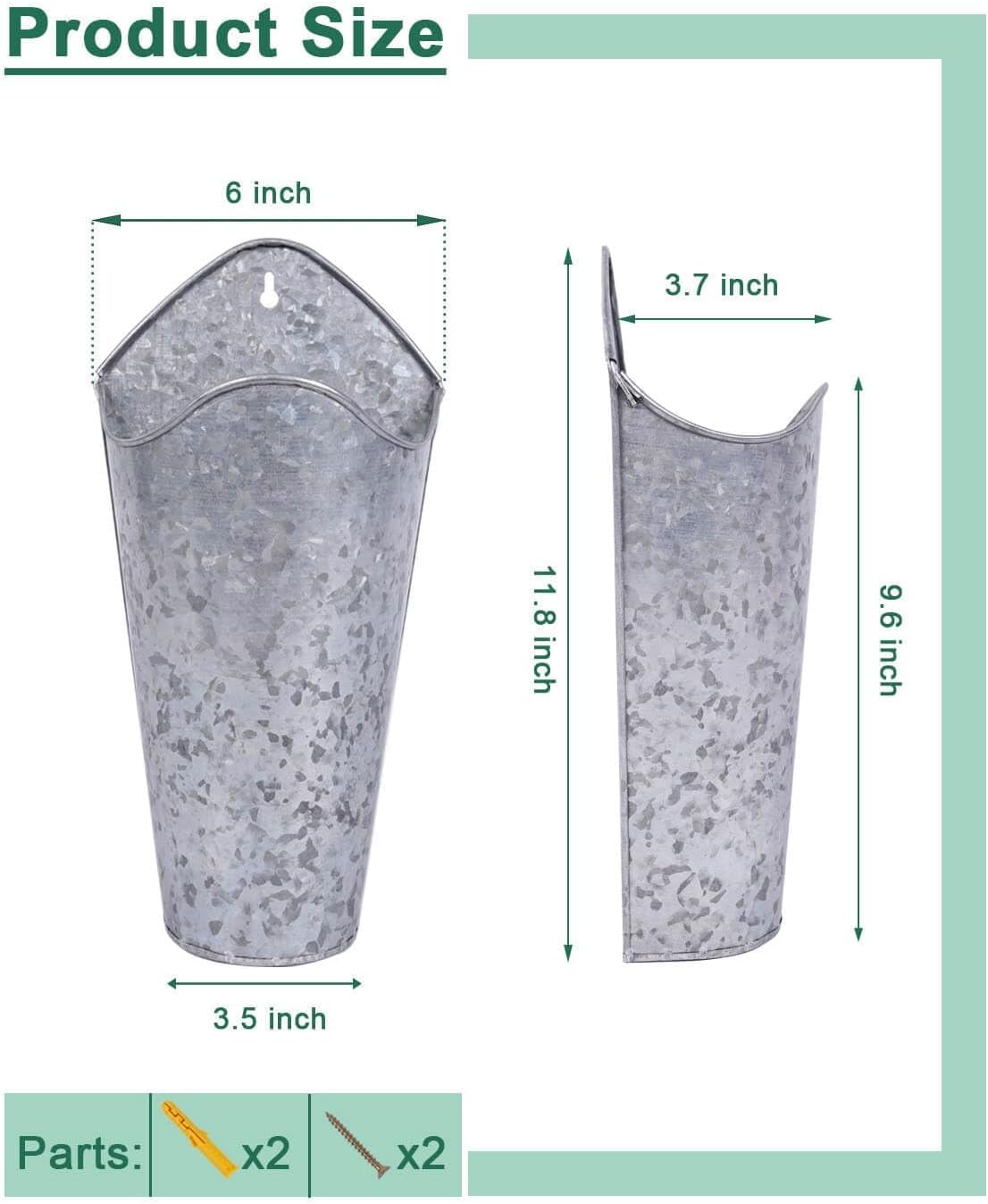2 Pack 12 Inch Galvanized Wall Planters for Flowers, Silver | Tall Metal Tin Vases for Indoor or Outdoor Flowers