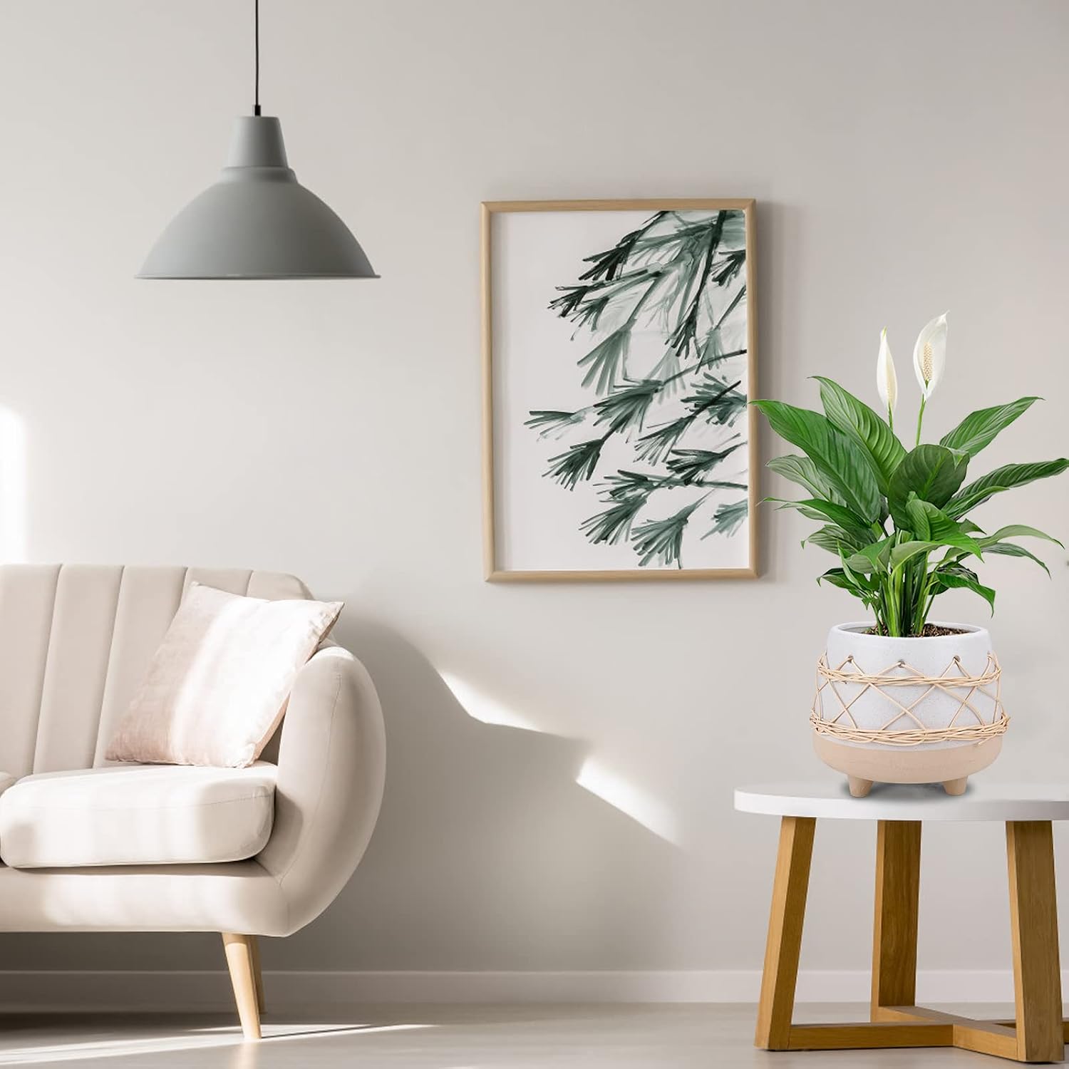8 in Ceramic Planter Pot for Indoor & Outdoor Plant, Flower | Modern Rattan Accent Design, Mid-Century Planter with