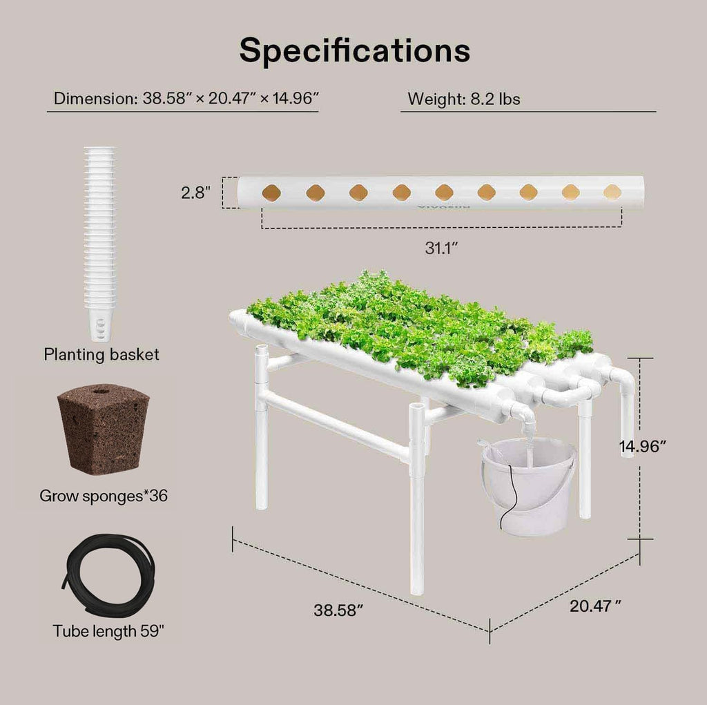 VIVOSUN Hydroponic Grow Kit, 1 Layer 36 Plant Sites 4 Food-Grade PVC-U Pipes Hydroponics Planting System with Water