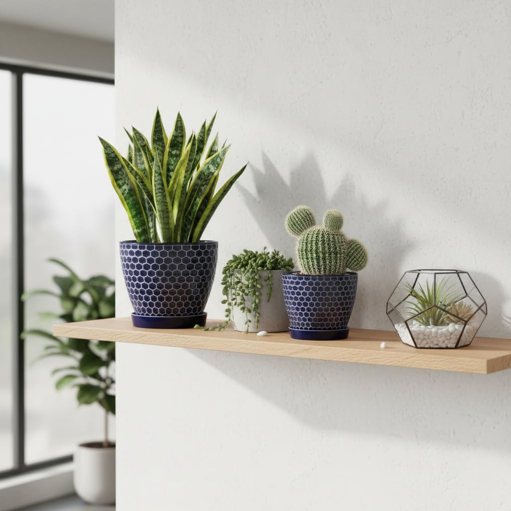 Docrin Blue Honeycomb Ceramic Plant Pot Set - 6.6"+5.5" Inch, Modern Decorative Planters with Drainage Holes & Saucers