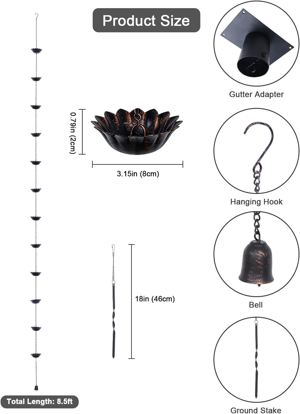 hogardeck 8.5FT Rain Chain with 12 Cups for Gutters Outside, Decorative Metal Rain Catcher with Adapter, Stake & Bell