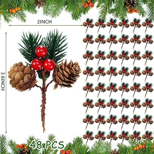 48 Pcs Christmas Floral Picks and Sprays Cone Berry Stems for Craft, Cute