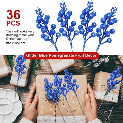 Geosar 36 Pcs Christmas Glittered Berries Stems, Blue