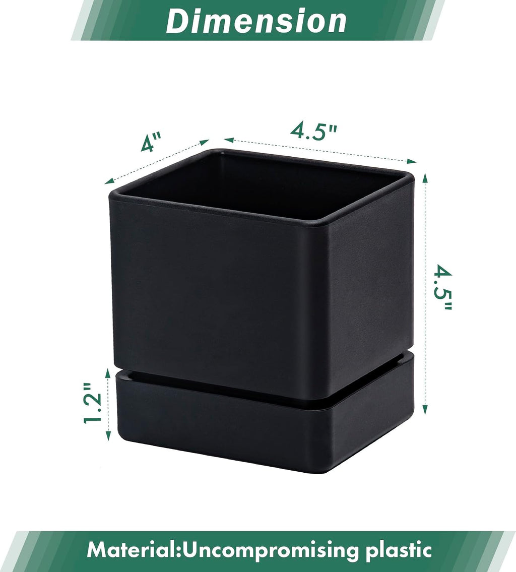 D'vine Dev 4-Pack Plastic Herb Planter Pots, 4 in, Black, 76-Y-B4-1 | Sleek Minimalist Style, Window Herb Garden