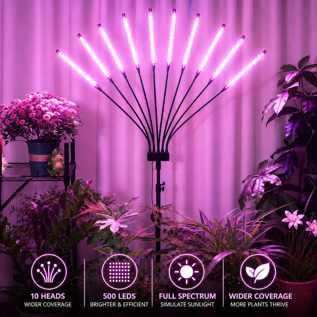 Grow Lights for Indoor Plants [ 10 in1 ] 500 LEDs, Full Spectrum Grow Light for Indoor Growing with Tripod Stand, Auto