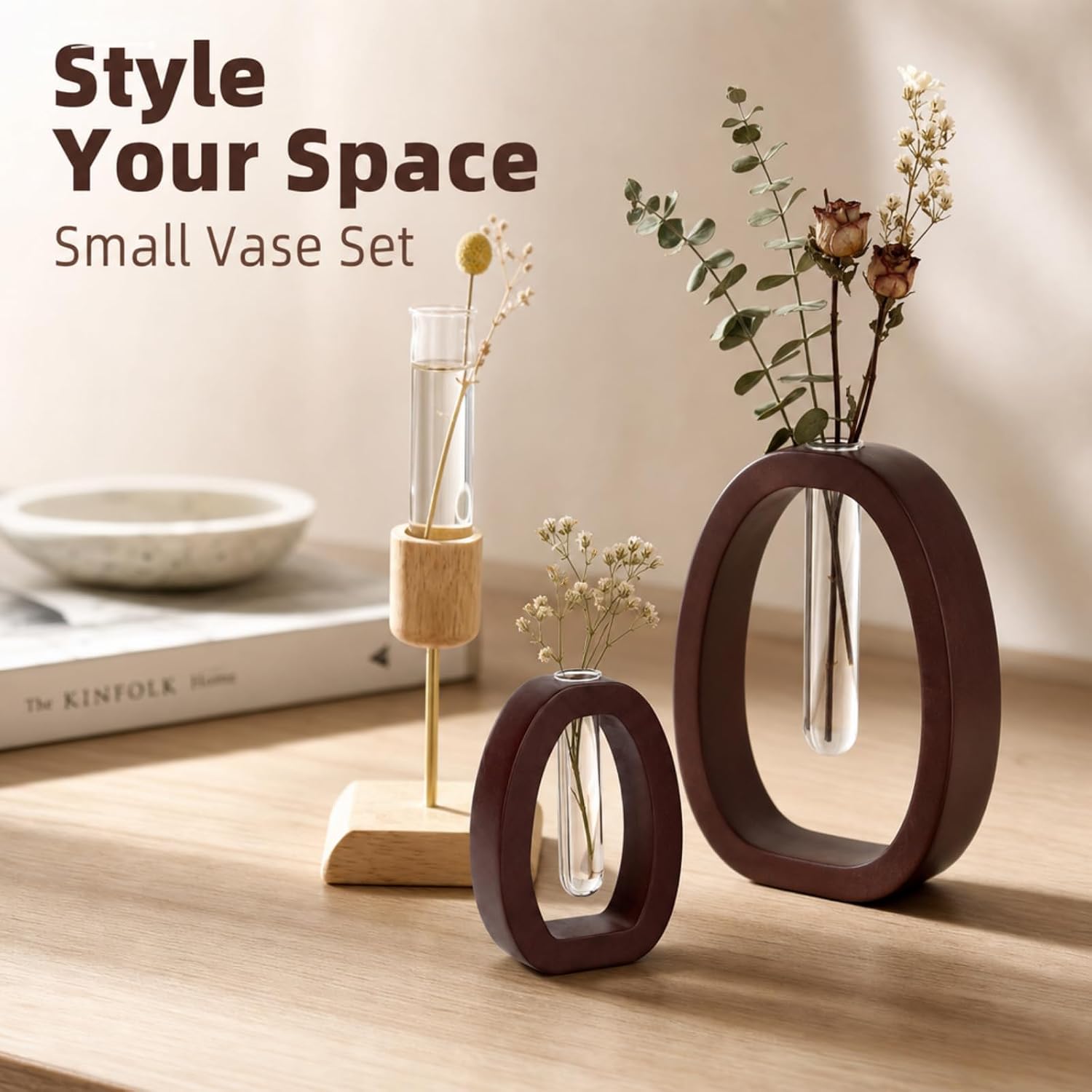 Walnut Wood Propagation Station Set of 3 Hydroponic Test Tube Vases Solid Wood Frame Glass Test Tube Vase Plant Station
