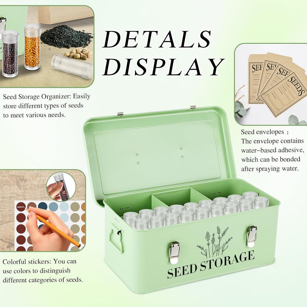 Seed Storage Box , Metal Seed Organizer Saving Box, Seeds Packet Container | with 4 Dividers,With 60 Slots 60 Seeds
