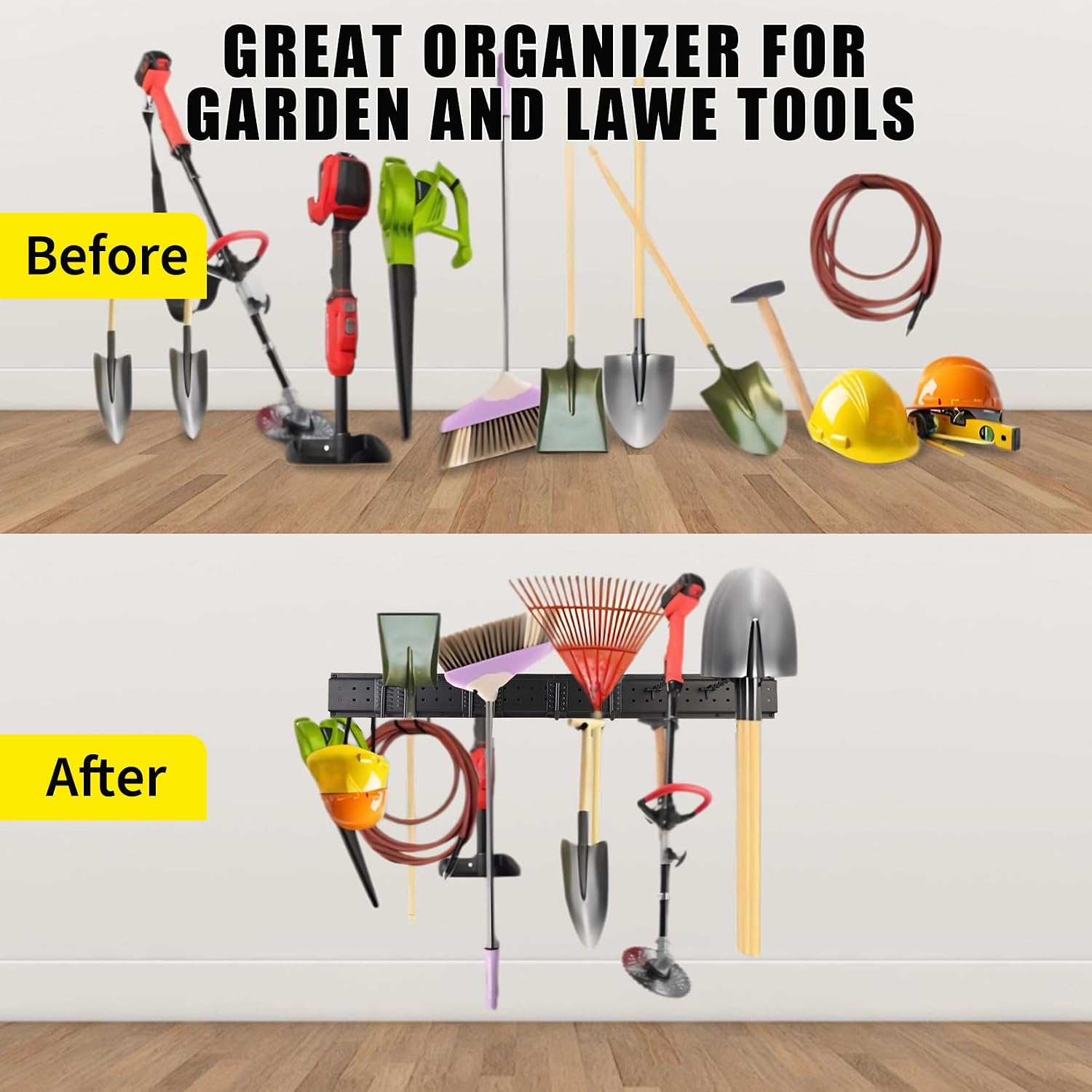 Garvee Garage Tool Organizer Wall Mount, 64 Inch Heavy Duty Garden Tool Storage Organization with 12 Adjustable Hooks