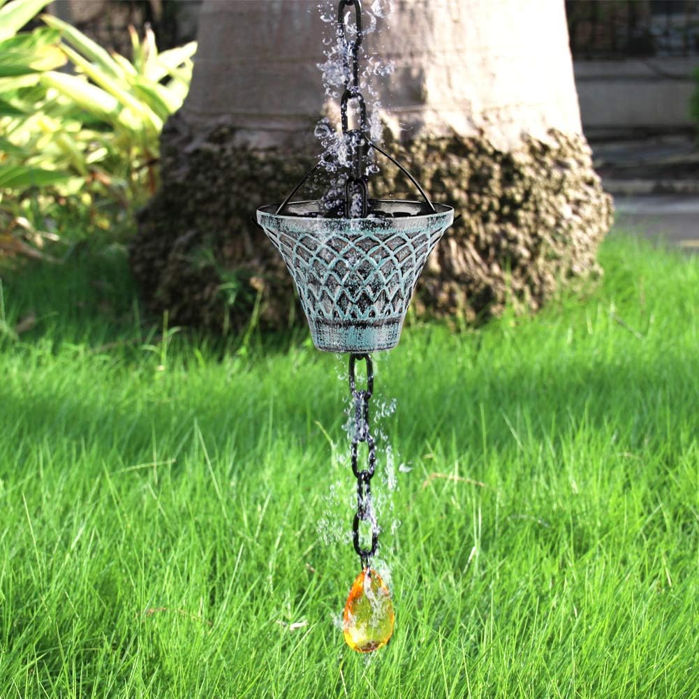 Rain Chains for Gutters Outside Downspouts Rain Catcher Diverter Metal Blue Plaid Outdoor Decorative, 8.5 FT