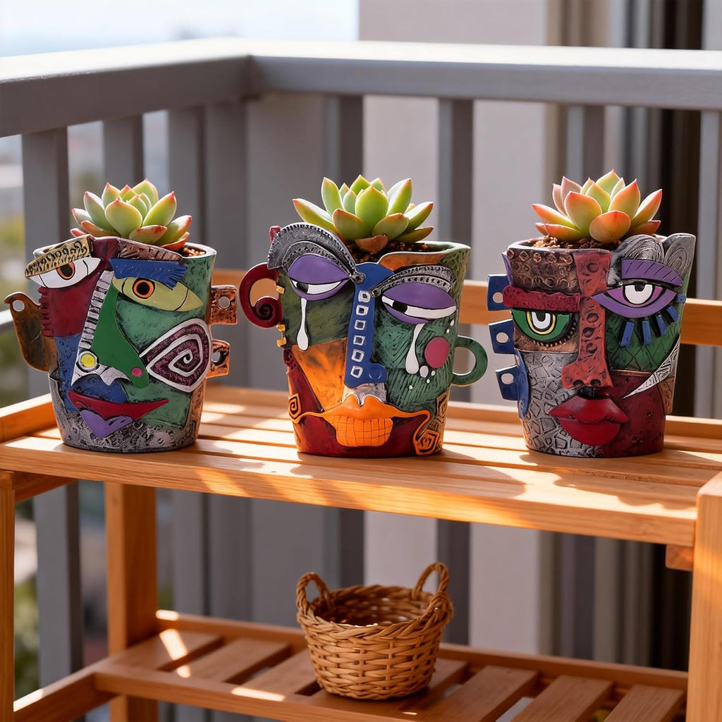 Mini Abstract Face Planter – Small Picasso-Inspired Resin Planter for Succulents, Cacti & Small Plants, Whimsical