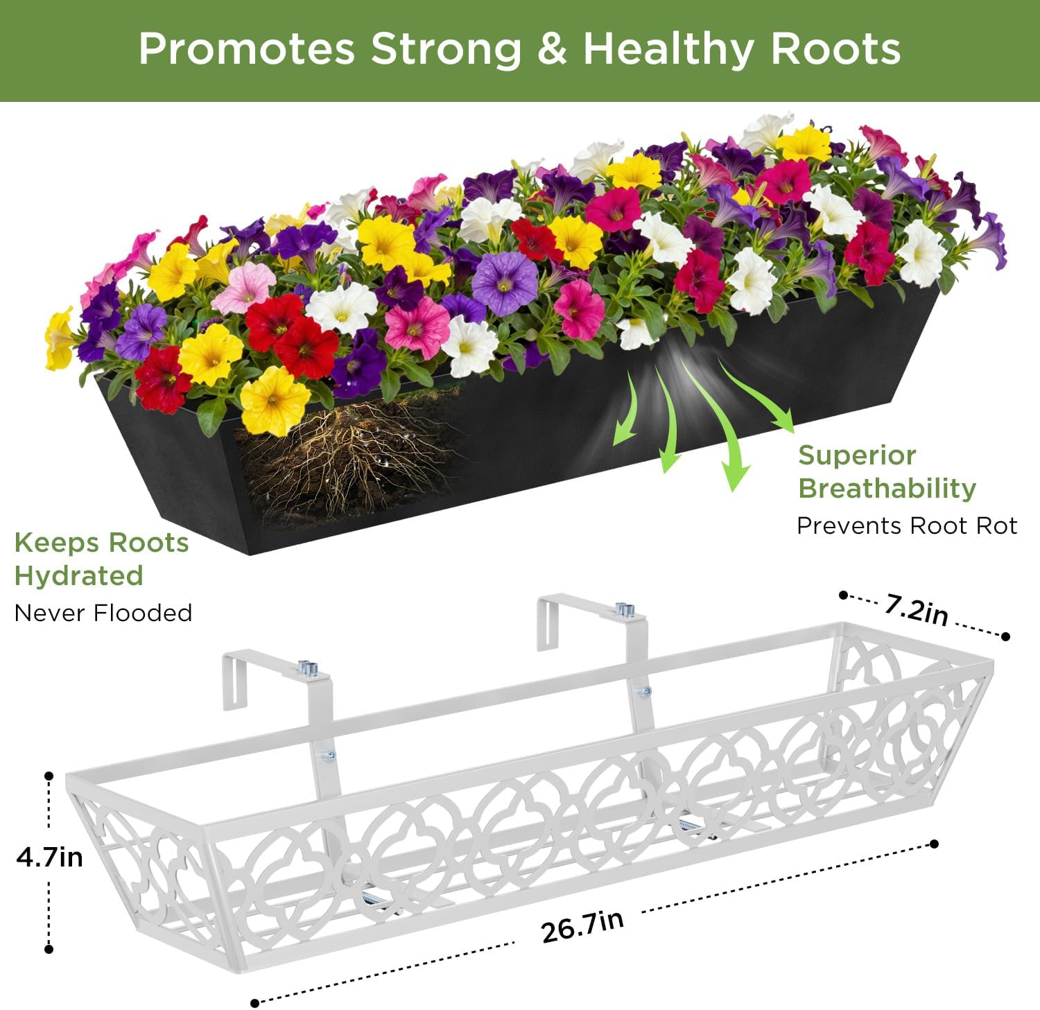 Y&M 30'' Hanging Railing Planter Box Set with Black Non-Woven Fabric Liner, 2 Pcs Large Metal Flower Boxes with