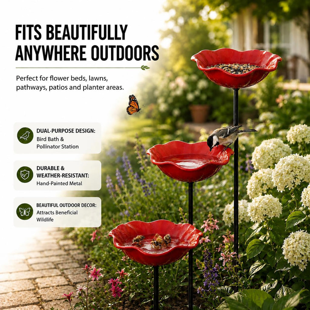 Flower Stake bird bath, Bee Watering Station, Metal Red & Yellow 3 Pack | Full Bloom Flower Design,Handcrafted