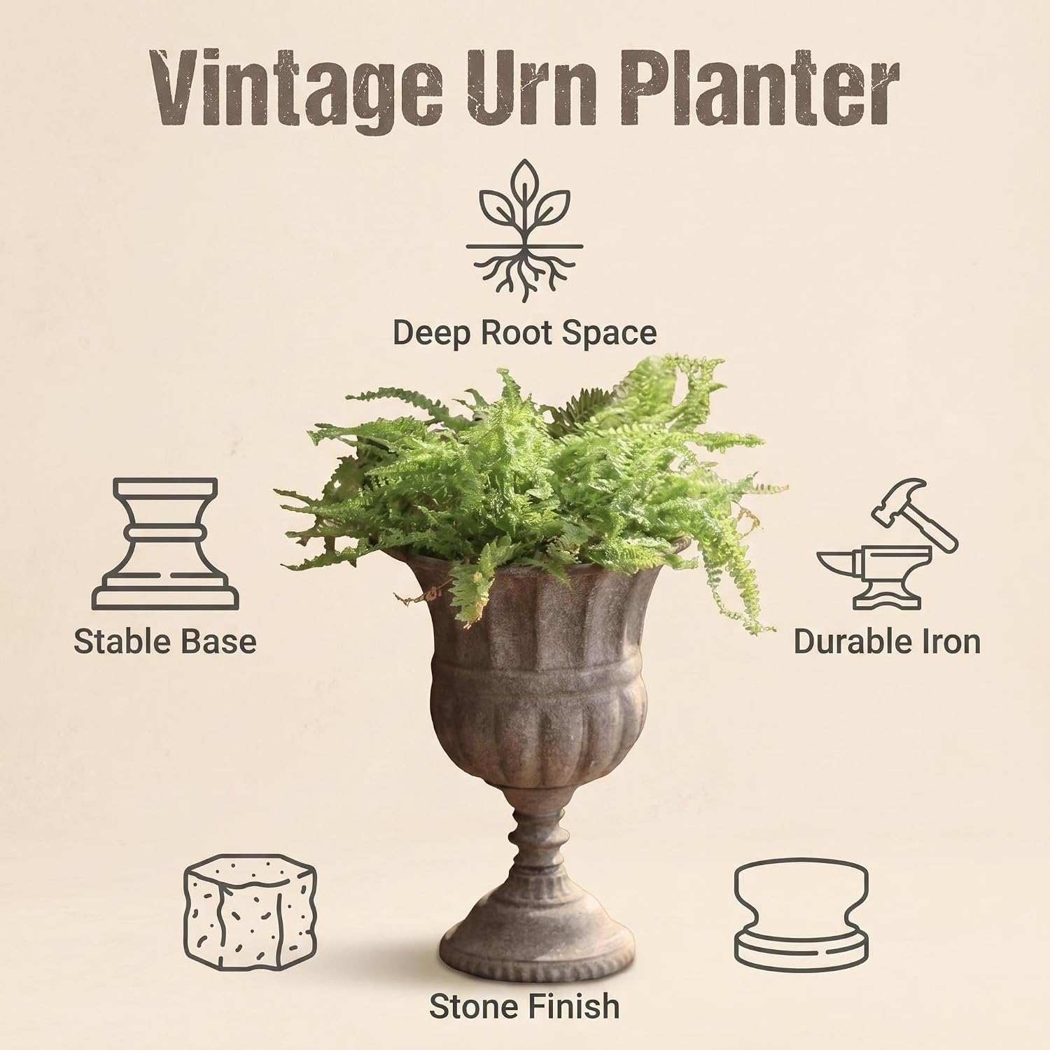 Vintage Urn Planter with Embossed Pattern, Imitation Stone Finish Flower Pot, Distressed Classic Plant Pot for Outdoor