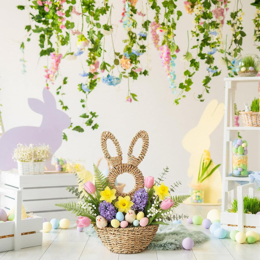 LemonRoad 16.1 Inch Easter Bunny Basket Easter Bunny Woven Wicker Basket Hanging Wall Rabbit Pocket for Spring Front