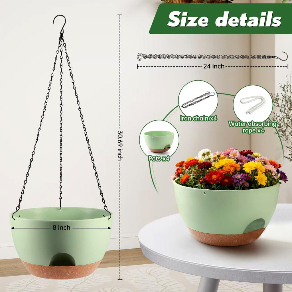 4-Piece Set of 8-Inch Hanging Planters with Automatic Watering System and Drip Tray, Includes Metal Chain, Suitable for