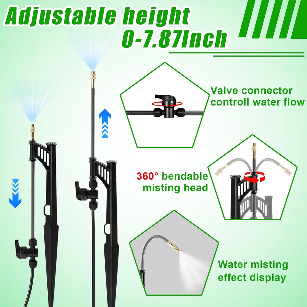 15 Sets 360° Adjustable Irrigation Misting Heads with Stake | Micro Spray Emitters with 1/4" Irrigation Tubing on Riser