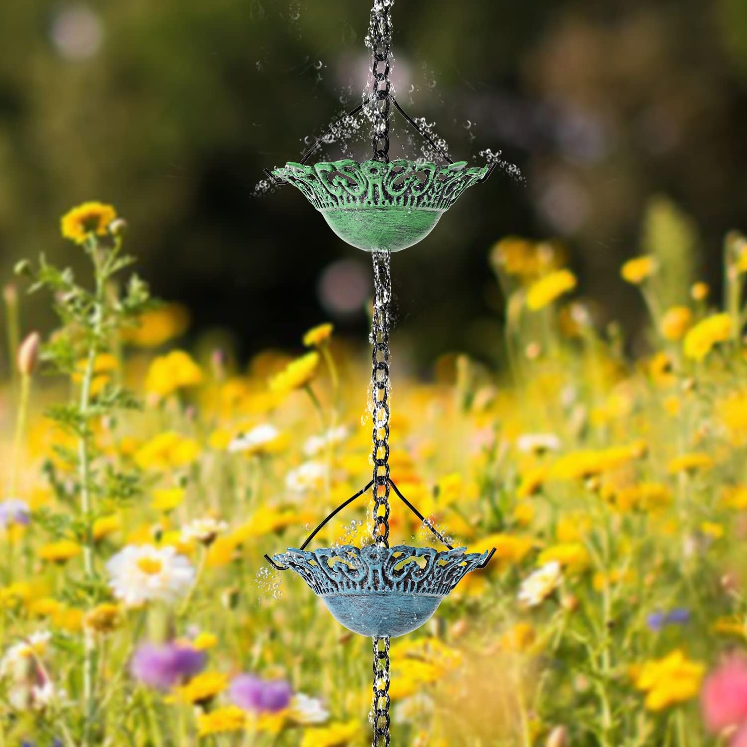 8.5 FT Colorful Rain Chain with 12 Cups for Gutters Downspouts Outside | Metal Material, Large Opening to Avoid