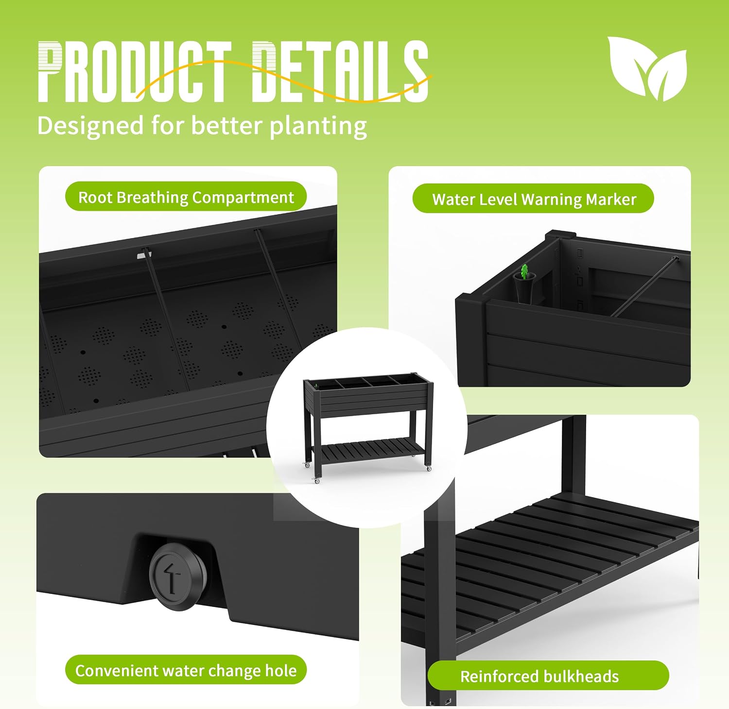 21 Gallon Raised Garden Bed with Legs and Wheels, Raised Planter Box with Drainage Plug and Gauge, Lower Shelf for