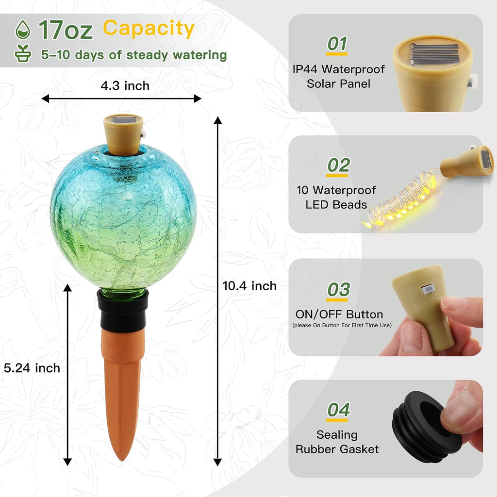 VOREEN Crackle Glass Plant Watering Globe with Terracotta Spike,Self-Watering Irrigation for Potted Plants, with Solar