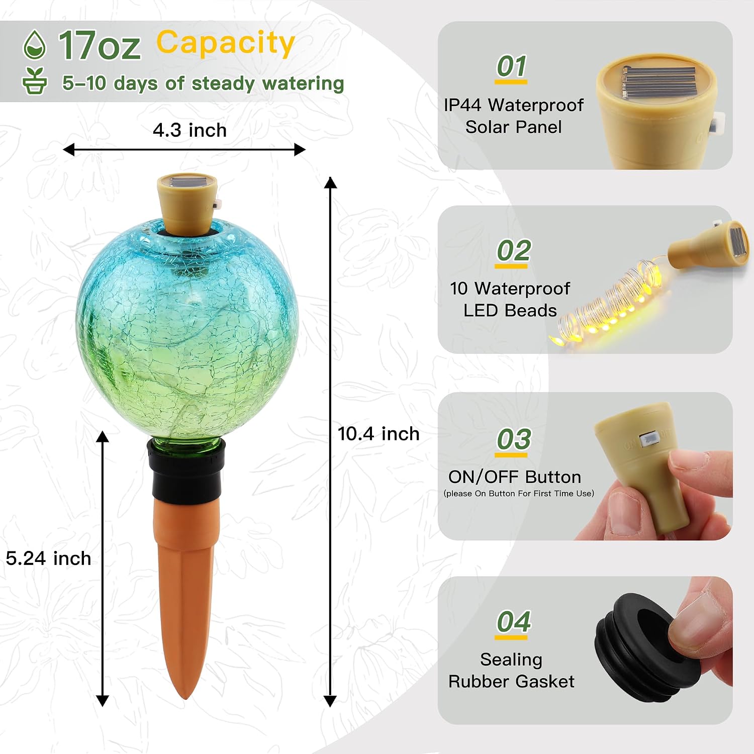 VOREEN Crackle Glass Plant Watering Globe with Terracotta Spike,Self-Watering Irrigation for Potted Plants, with Solar