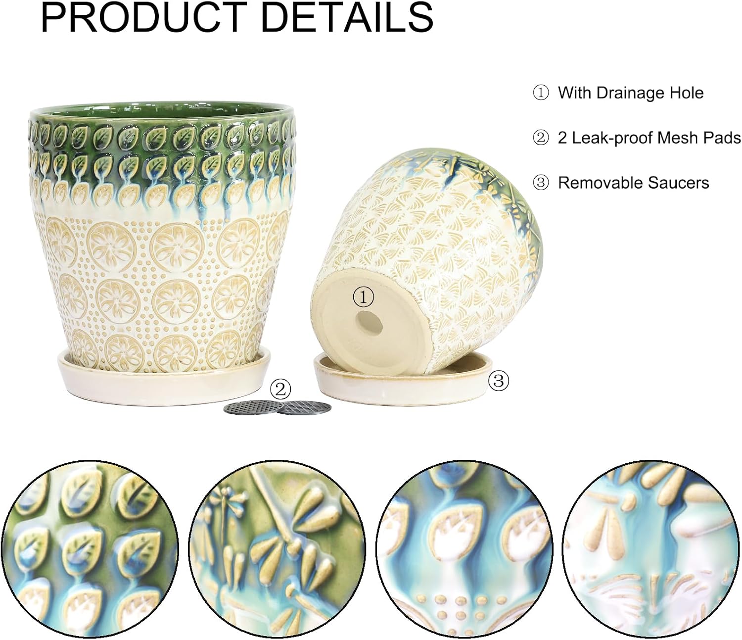 Ceramic Planter Pots for Indoor Plants, 8Inch + 6 Inch Plant Pot with Drainage Holes, Saucers and Mesh Pads, Succulent