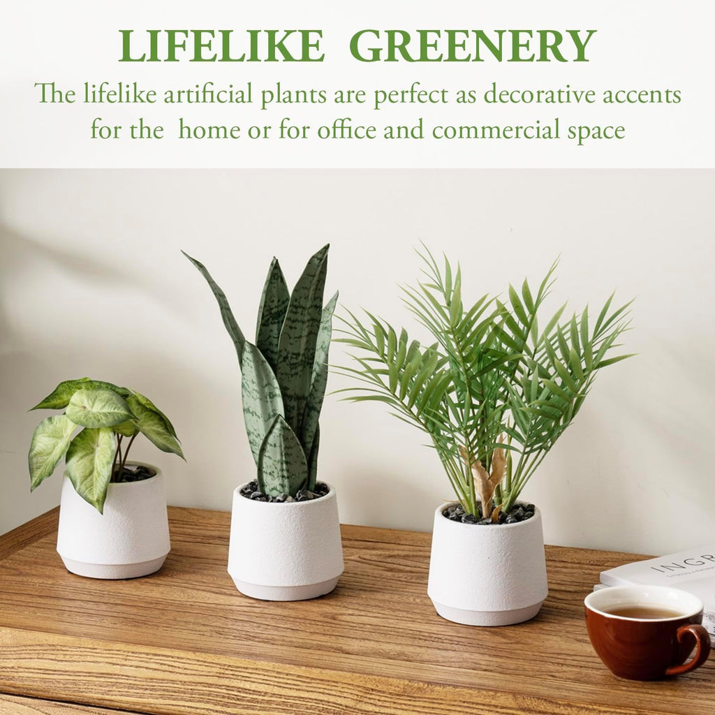 MyGift 3pc Artificial Plants in White Textured Planters, Faux Greenery | Bring easy-care greenery indoors with three
