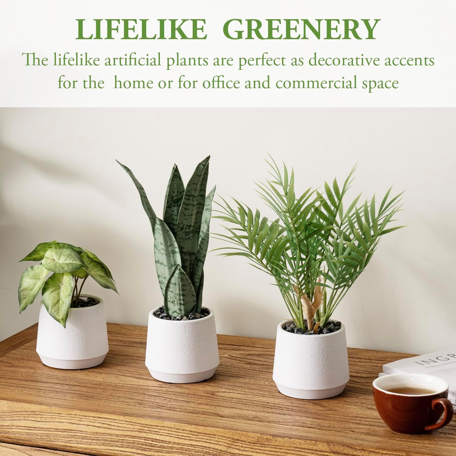 MyGift 3pc Artificial Plants in White Textured Planters, Faux Greenery | Bring easy-care greenery indoors with three