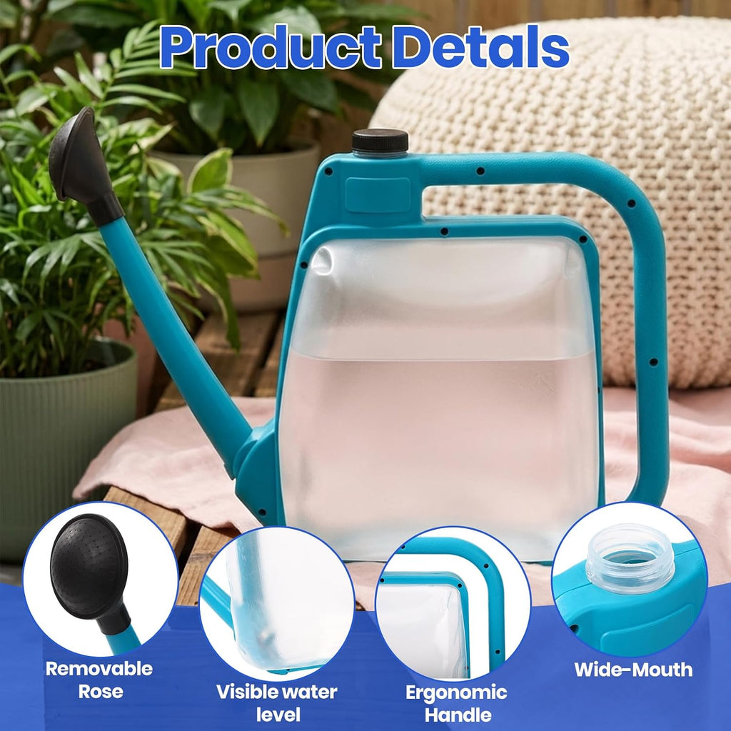 1.59 Gal Blue Clear Plastic Foldable Watering Can | Rotating nozzle, long spout, compact ergonomic design, dual