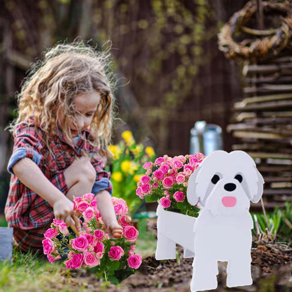 White Shih Tzu Dog Planter Pots, Animal Shaped Flower Pot | Cute Plant Gift for Women and Pet Lovers, Indoor Outdoor
