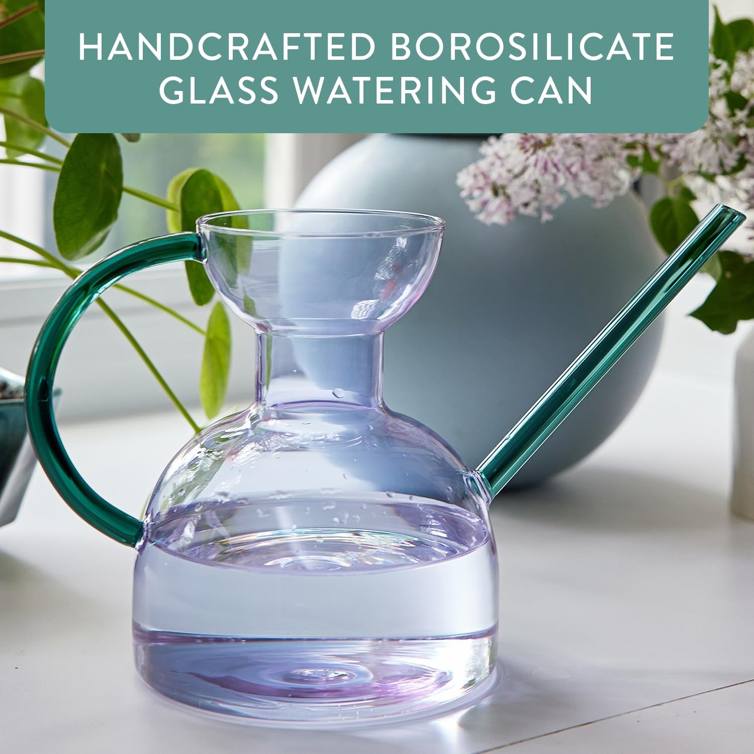 Modern Sprout Glass Watering Can w/Long Sprout - 32oz - (Purple/Emerald) | Handcrafted from Borosilicate Glass - Ideal