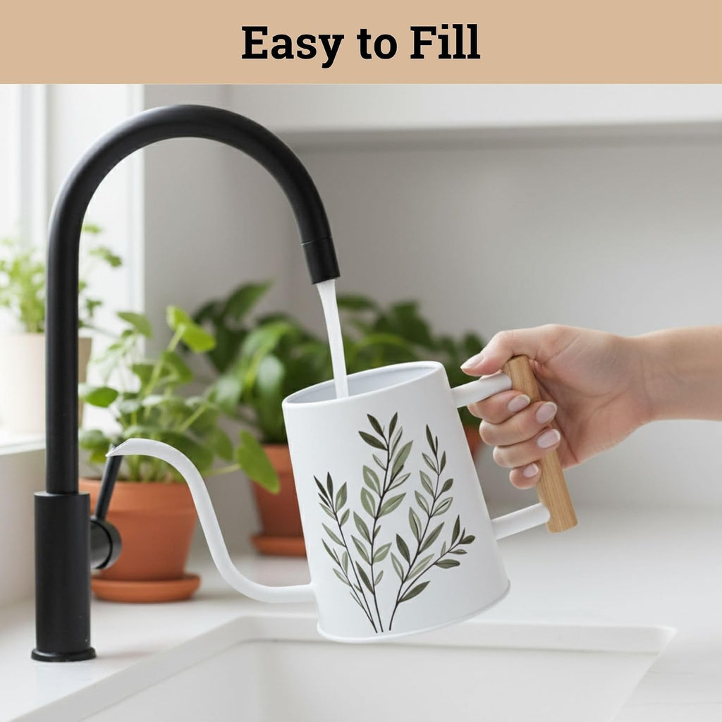 Metal Small Indoor Watering Can with Long Spout & Real Wood Handle, 35oz | Long Spout, Stainless Steel, Real Wood