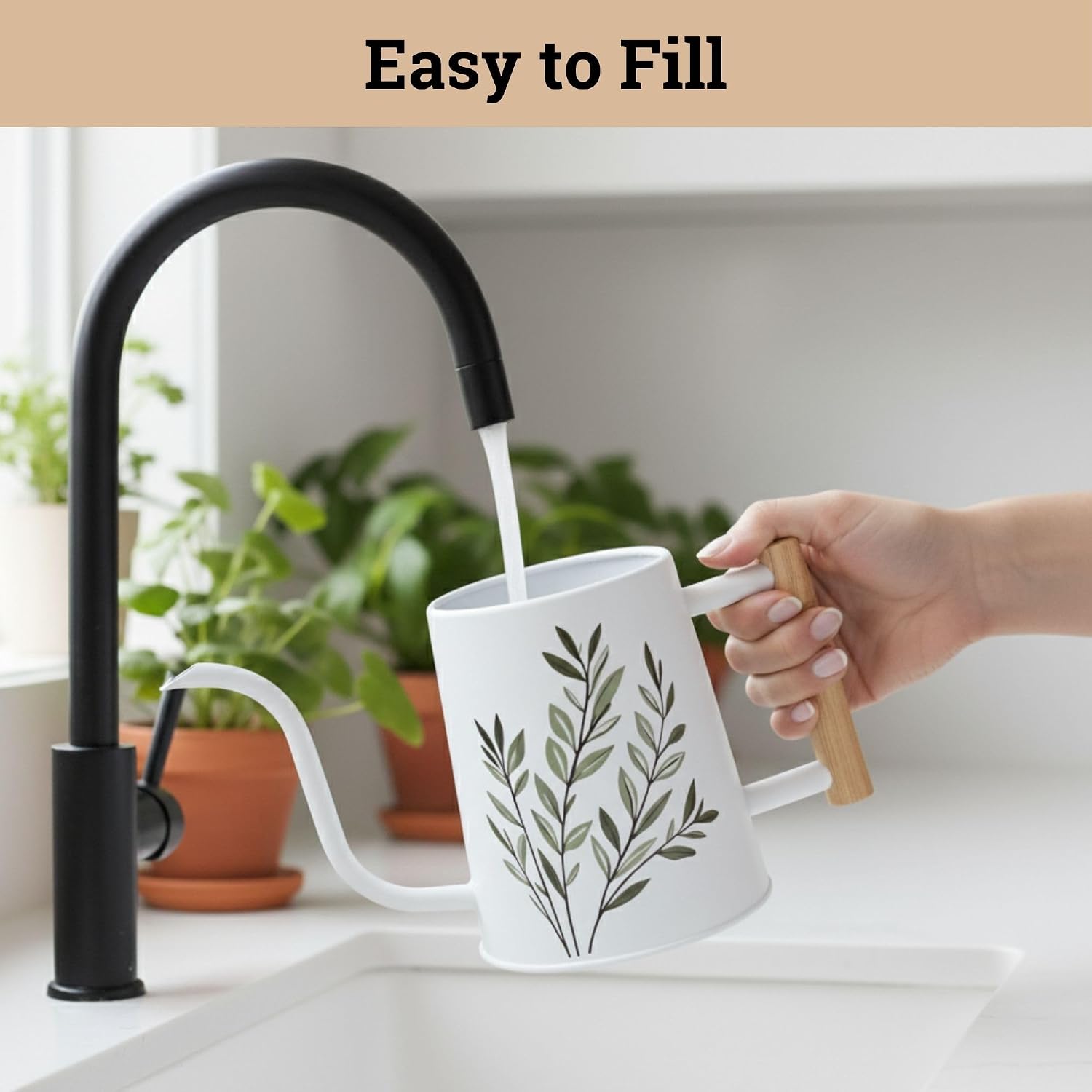 Metal Small Indoor Watering Can with Long Spout & Real Wood Handle, 35oz | Long Spout, Stainless Steel, Real Wood