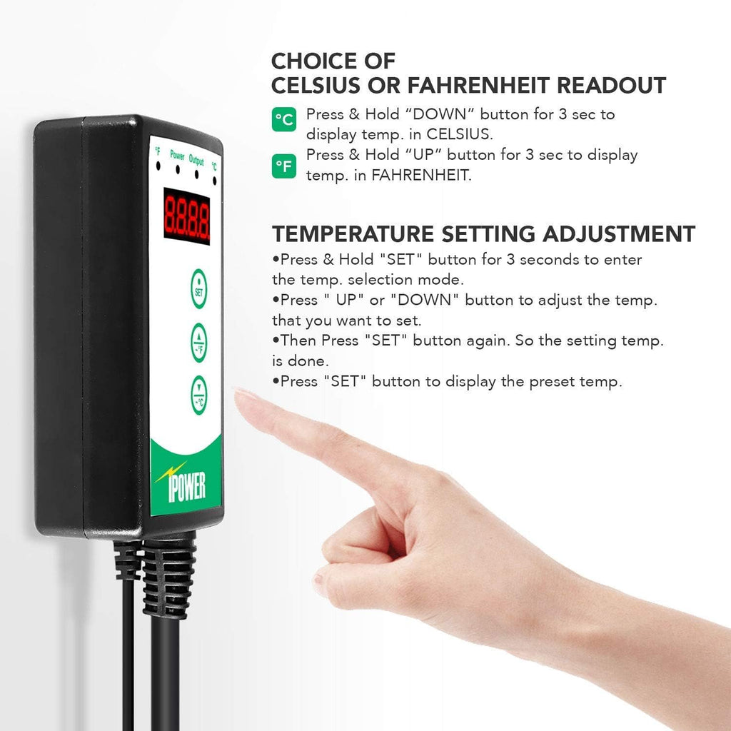 iPower Digital Heat Mat Thermostat Controller and 10" x 20.75" Carbon Film Seeding Warm Hydroponic Pad with Temperature