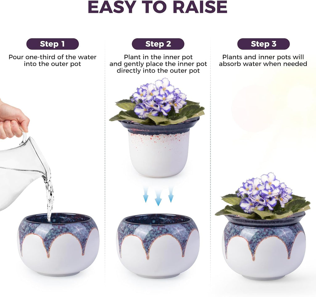 BUYMAX Self Watering Ceramic African Violet Pot Keep The Soil Moist | Reactive Glaze Color Variations | Scalloped Rim
