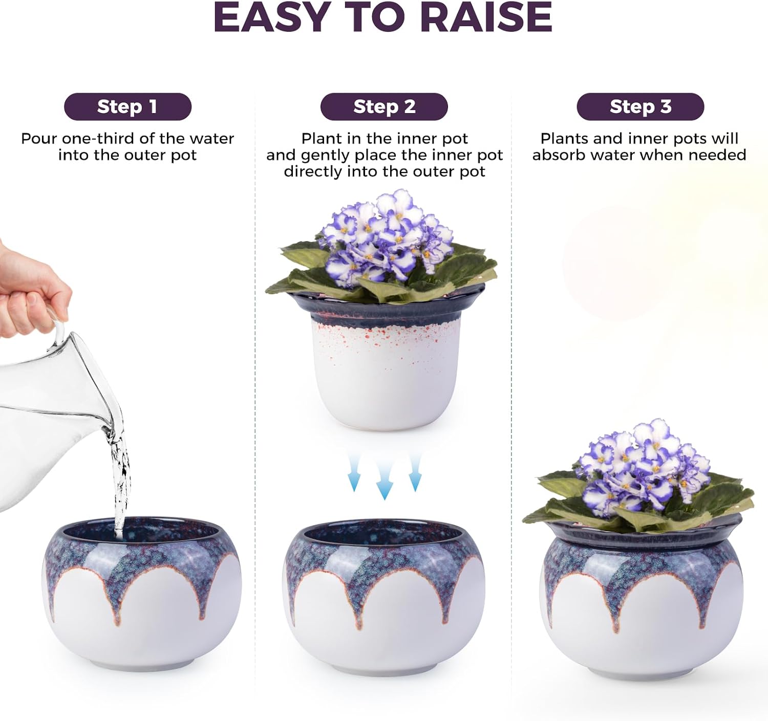 BUYMAX Self Watering Ceramic African Violet Pot Keep The Soil Moist | Reactive Glaze Color Variations | Scalloped Rim