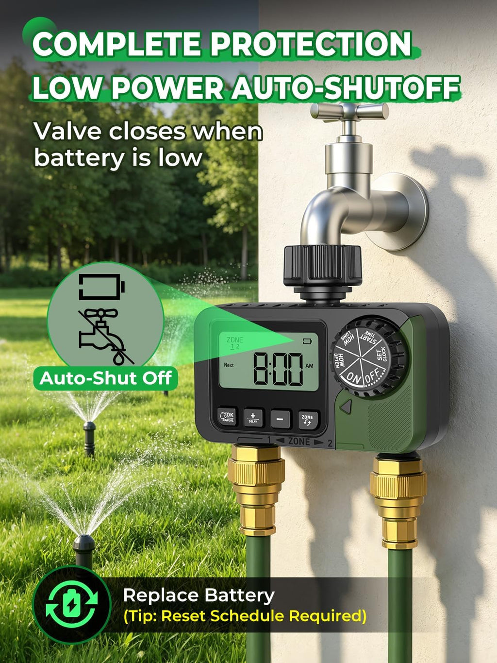 Sprinkler Timer 2 Outlets, Programmable Water Hose Timer with Rain Delay/Manual/Automatic Watering System, Outdoor