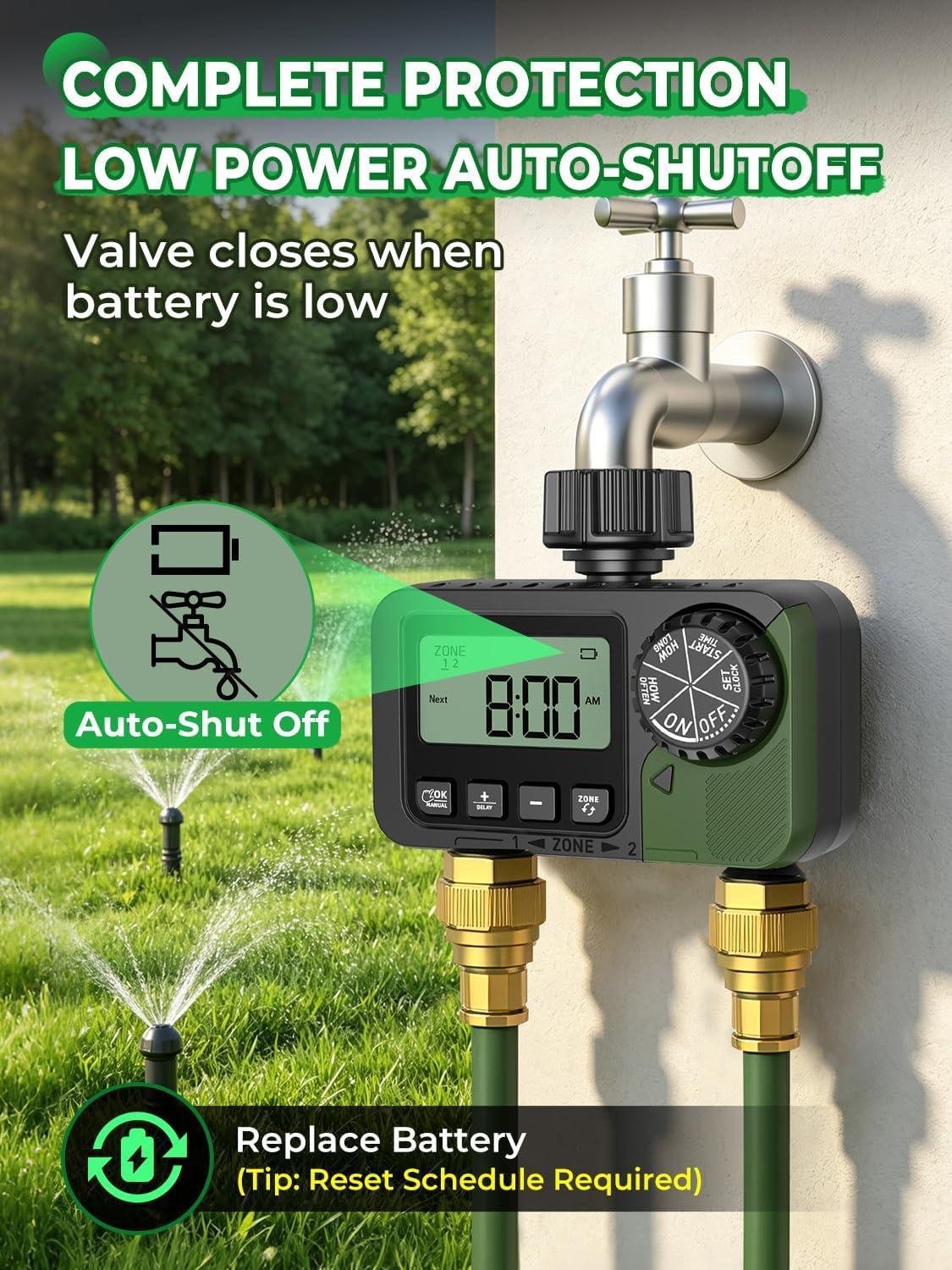 Sprinkler Timer 2 Outlets, Programmable Water Hose Timer with Rain Delay/Manual/Automatic Watering System, Outdoor