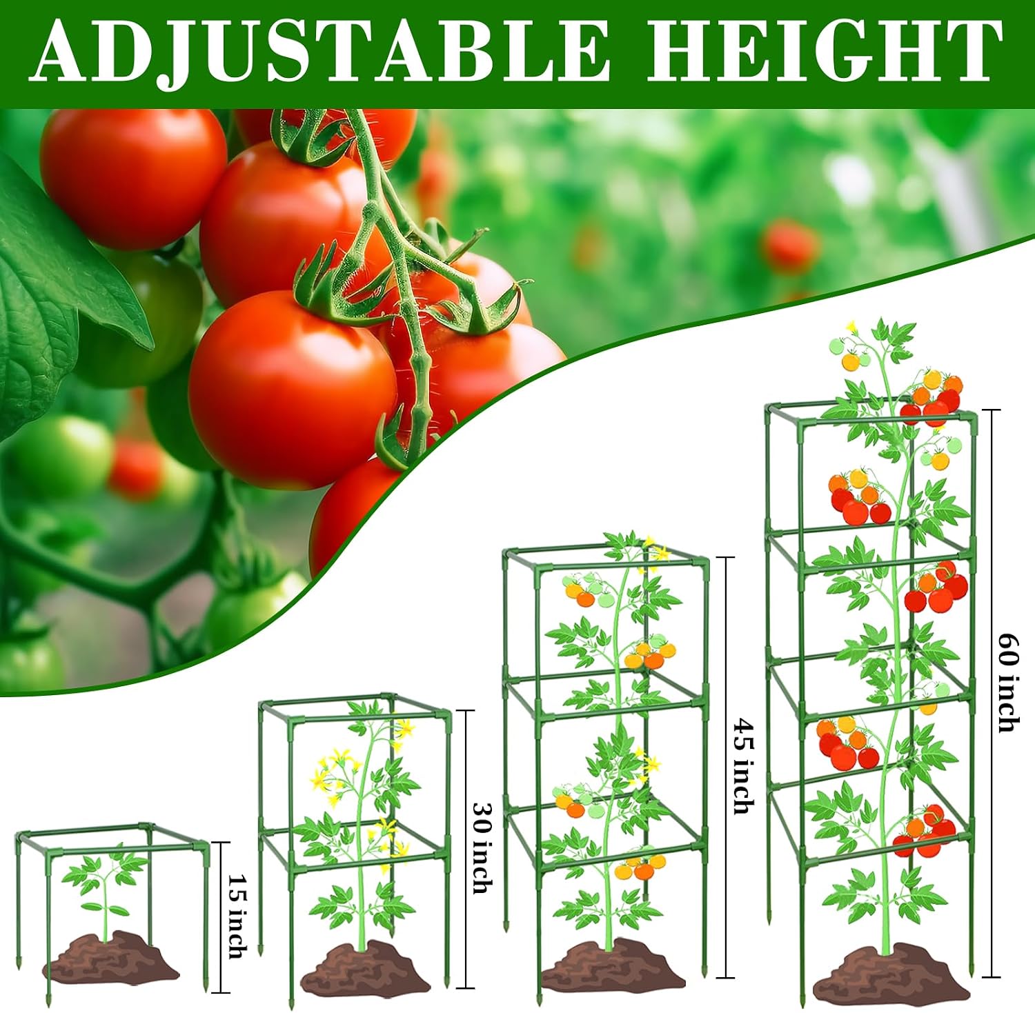 6 Pack 60 Inch Heavy Duty Tomato Cages for Garden with Clips | Square Tomato Trellis for Raised Garden Bed, Adjustable