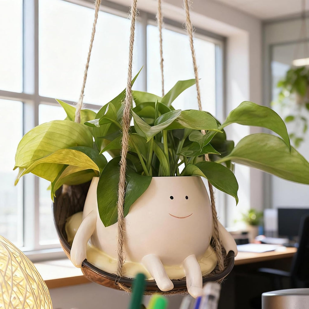 NINIPAPA Hanging Swing Chair Planter Pot Smile Face Plant Pot for Indoor Outdoor Plants Cute Head Flower Pots for